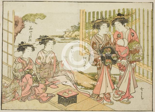 Courtesans of the Matsubaya, from the book "Mirror of Beautiful Women of the Pleasure..., 1776. Creator: Shunsho.