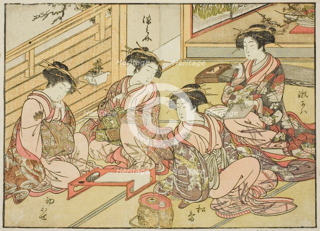 Courtesans of the Matsubaya, from the book "Mirror of Beautiful Women of the Pleasure..., 1776. Creator: Shunsho.
