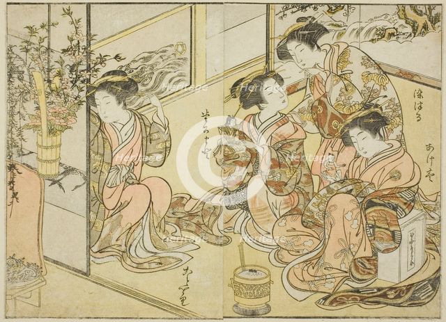Courtesans of the Matsuneya, from the book "Mirror of Beautiful Women of the Pleasure.., 1776. Creator: Shunsho.