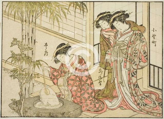 Courtesans of the Maruya, from the book "Mirror of Beautiful Women of the Pleasure Quarters..., 1776 Creator: Shunsho.