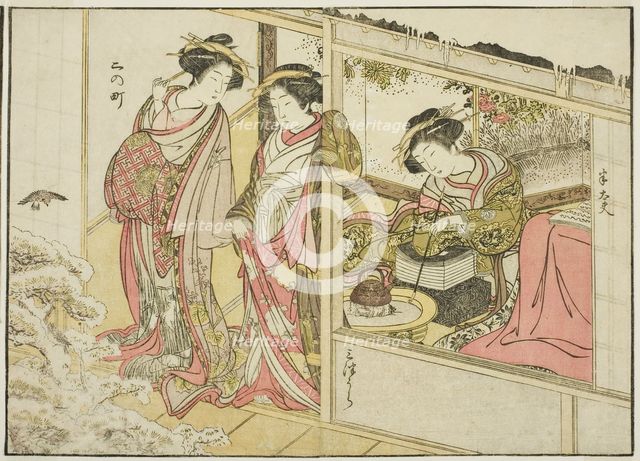 Courtesans of the Nakaomiya, from the book "Mirror of Beautiful Women of the Pleasure..., 1776. Creator: Shunsho.