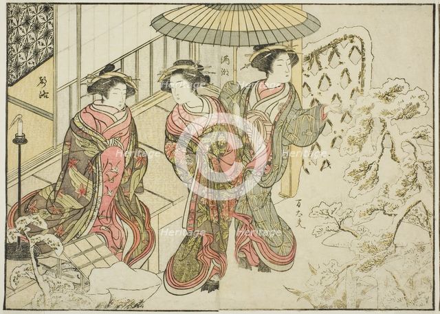 Courtesans of the Nakaomiya, from the book "Mirror of Beautiful Women of the Pleasure..., 1776. Creator: Shunsho.