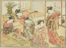 Courtesans of the Wakanaya, from the book "Mirror of Beautiful Women of the Pleasure..., 1776. Creator: Shunsho