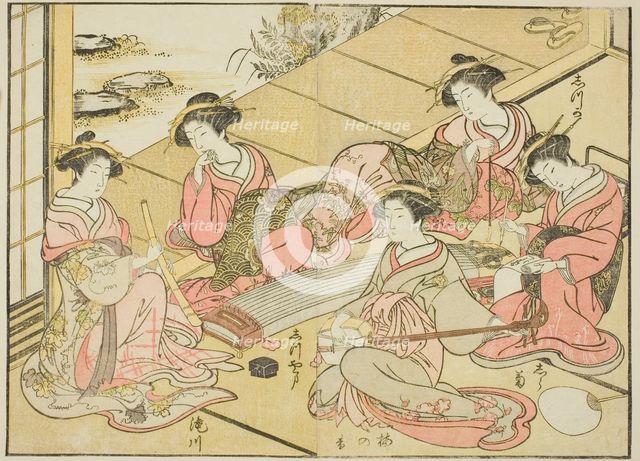 Courtesans of the Tamaya, from the book "Mirror of Beautiful Women of the Pleasure Quarters..., 1776 Creator: Shunsho.