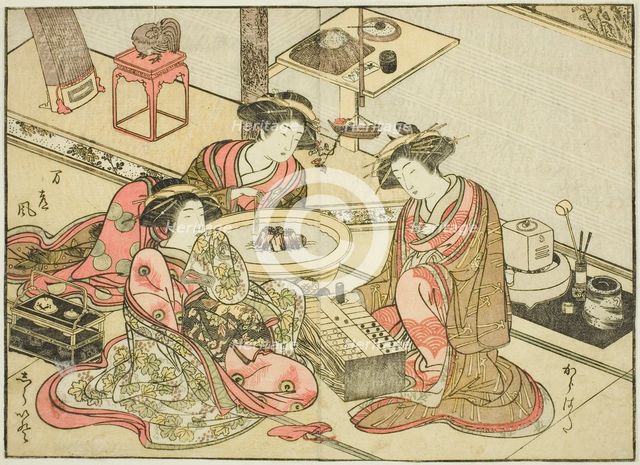 Courtesans of the Yamashiroya, from the book "Mirror of Beautiful Women of the Pleasure..., 1776. Creator: Shunsho.