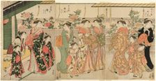 Courtesans of Yoshiwara and their attendants viewing the peonies on Nakanocho, c. 1787. Creator: Torii Kiyonaga