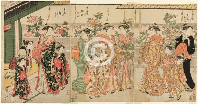 Courtesans of Yoshiwara and their attendants viewing the peonies on Nakanocho, c. 1787. Creator: Torii Kiyonaga.