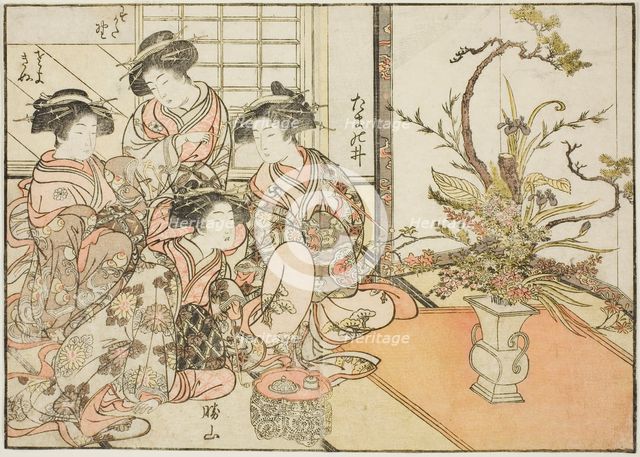Courtesans of Yotsumaya, from the book "Mirror of Beautiful Women of the Pleasure Quarters..., 1776. Creator: Shunsho.