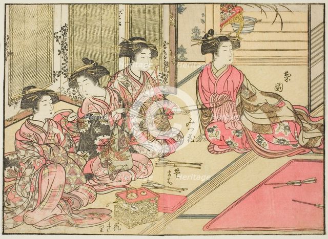 Courtesans of Kiriya, from the book "Mirror of Beautiful Women of the Pleasure Quarters..., 1776. Creator: Shunsho.