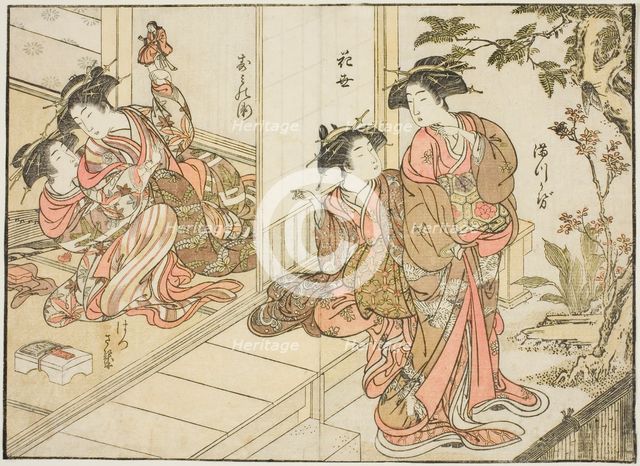 Courtesans of Maruebiya, from the book "Mirror of Beautiful Women of the Pleasure Quarters..., 1776. Creator: Shunsho.