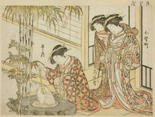 Courtesans of Maruya, from the book "Mirror of Beautiful Women of the Pleasure Quarters..., 1776. Creator: Shunsho