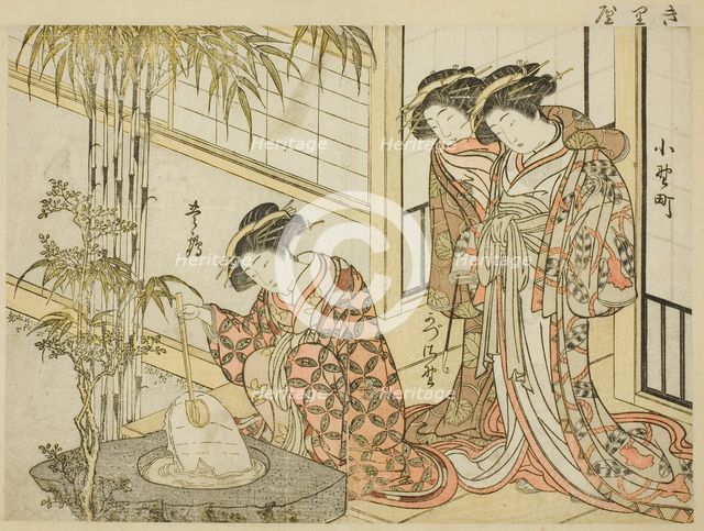 Courtesans of Maruya, from the book "Mirror of Beautiful Women of the Pleasure Quarters..., 1776. Creator: Shunsho.