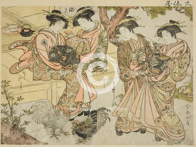 Courtesans of Ogiya, from the book "Mirror of Beautiful Women of the Pleasure Quarters..., 1776. Creator: Shunsho.
