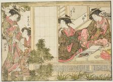 Courtesans of Oebuji, from the book "Mirror of Beautiful Women of the Pleasure Quarters..., 1776. Creator: Shunsho
