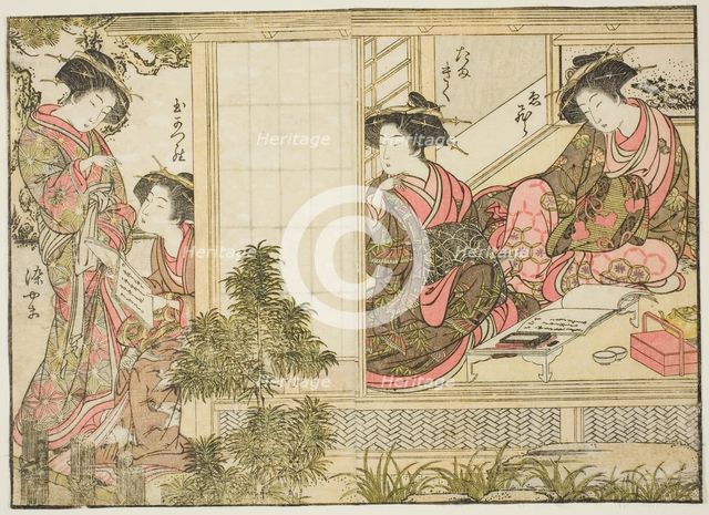 Courtesans of Oebuji, from the book "Mirror of Beautiful Women of the Pleasure Quarters..., 1776. Creator: Shunsho.