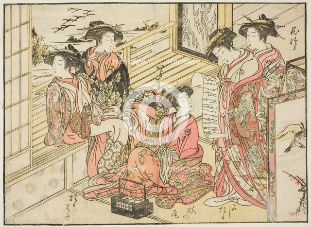 Courtesans of Okamoto, from the book "Mirror of Beautiful Women of the Pleasure Quarters..., 1776. Creator: Shunsho.