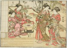 Courtesans of Otawaraya, from the book "Mirror of Beautiful Women of the Pleasure Quarters..., 1776. Creator: Shunsho