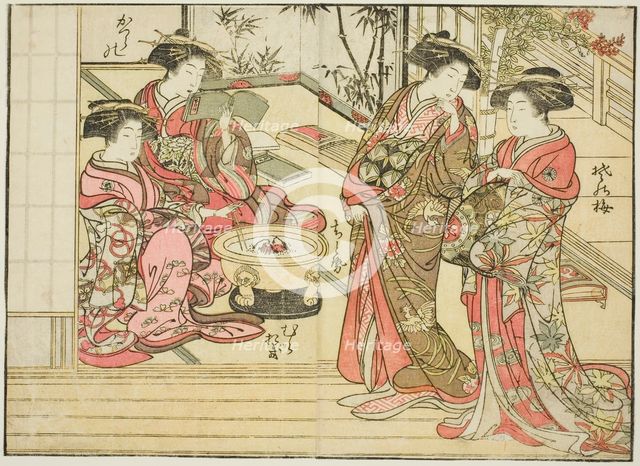 Courtesans of Otawaraya, from the book "Mirror of Beautiful Women of the Pleasure Quarters..., 1776. Creator: Shunsho.