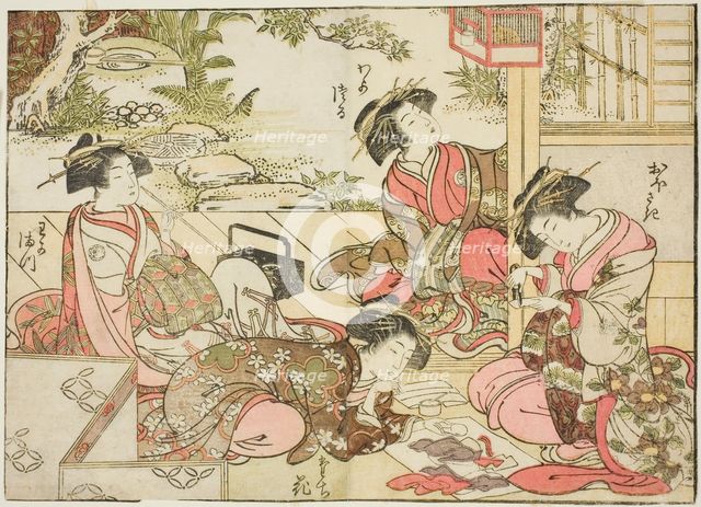 Courtesans of Otawaraya, from the book "Mirror of Beautiful Women of the Pleasure Quarters..., 1776. Creator: Shunsho.