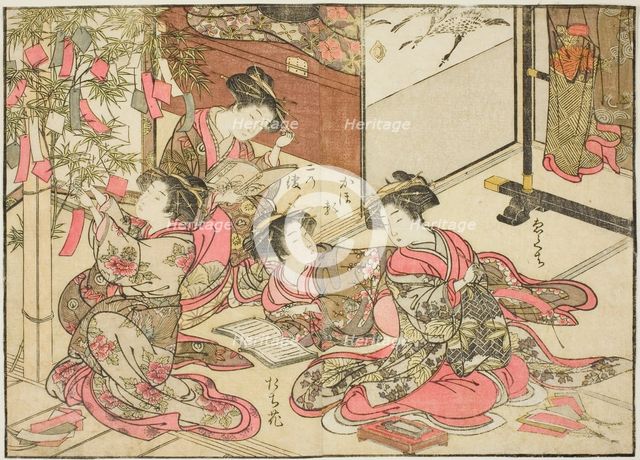 Courtesans of Shin Kanaya, from the book "Mirror of Beautiful Women of the Pleasure..., 1776. Creator: Shunsho.
