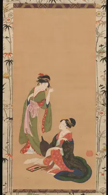 Courtesans Parodying Kanzan and Jittoku, late 18th-early 19th century. Creator: Kinpusha Toyomaro