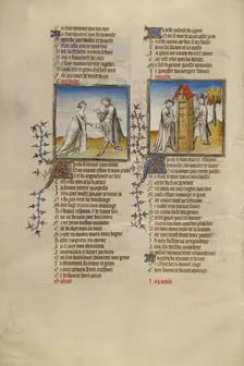 Courtesy with a Knight; Idleness Opening the Door for the Lover; Roman de la Rose, about 1405. Creator: Unknown