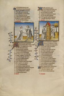 Courtesy with a Knight; Idleness Opening the Door for the Lover; Roman de la Rose, about 1405. Creator: Unknown
