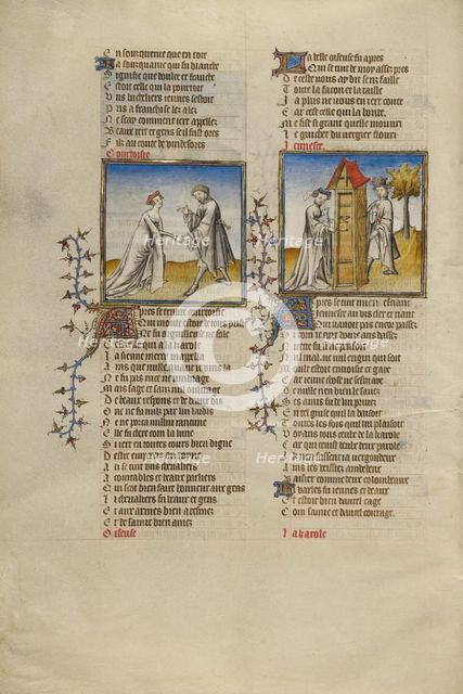 Courtesy with a Knight; Idleness Opening the Door for the Lover; Roman de la Rose, about 1405. Creator: Unknown.