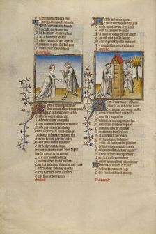 Courtesy with a Knight; Idleness Opening the Door for the Lover; Roman de la Rose, about 1405. Creator: Unknown