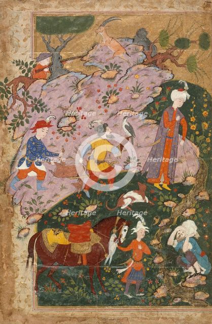 Courtier and Attendants in a Landscape, Left Side of a Double-Page..., between c1585 and c1590. Creator: Unknown.