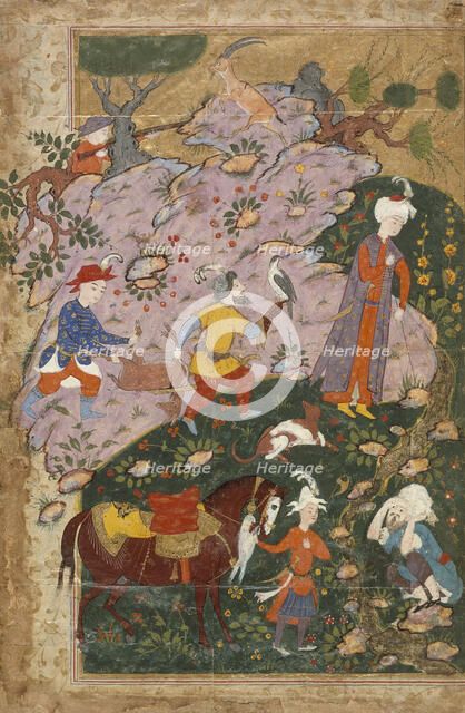 Courtier and Attendants in a Landscape, Left Side of a Double-Page..., between c1585 and c1590. Creator: Unknown.