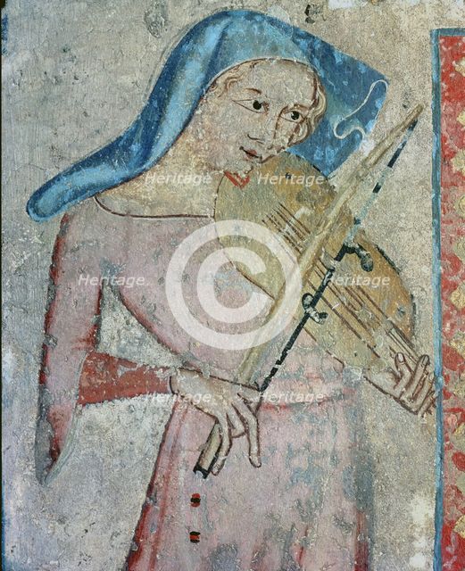  'Courtier or minstrel playing a musical instrument', wall painting from the refectory of the Cat…