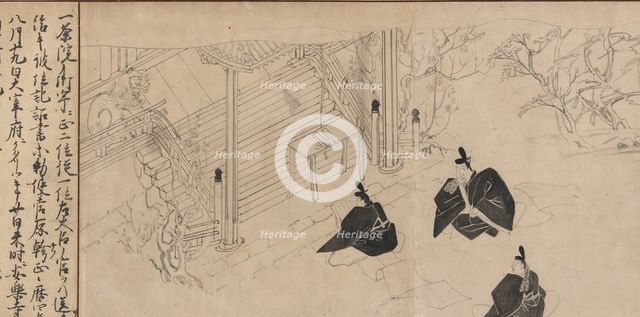 Courtiers visit Sugawara no Michizane’s mortuary temple..., ca. 1300. Creator: Unknown.