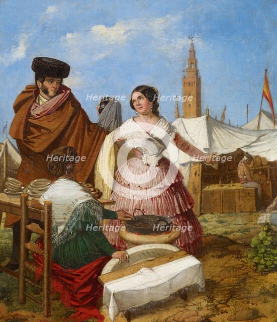 Courting at a Ring-Shaped Pastry Stall at the Seville Fair. Artist: Benjumea, Rafael (c. 1825-c. 1887)