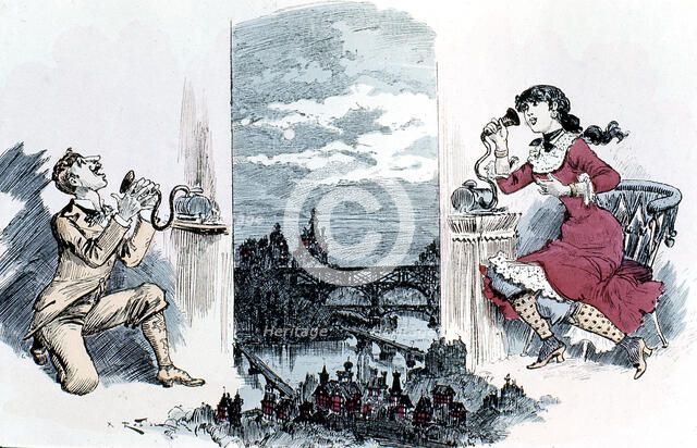 Courting by telephone across Paris, 1883. Artist: Unknown