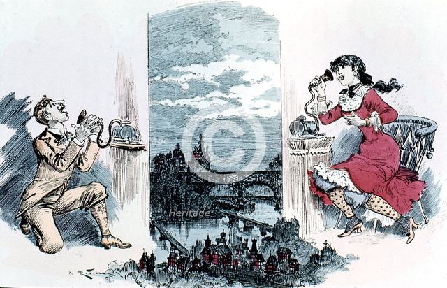Courting by telephone across Paris, 1883. Creator: Unknown.