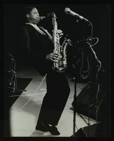 Courtney Pine on stage at the Forum Theatre, Hatfield, Hertfordshire, 8 April 1987. Creator: Denis Williams