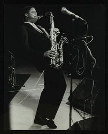 Courtney Pine on stage at the Forum Theatre, Hatfield, Hertfordshire, 8 April 1987. Artist: Denis Williams