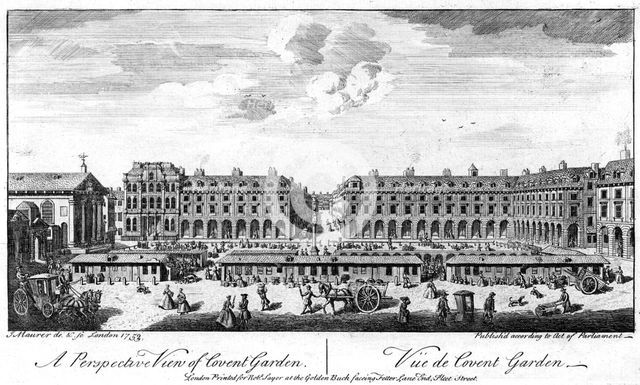 Covent Garden, London, showing stalls in the centre of the square, 1753. Artist: Unknown
