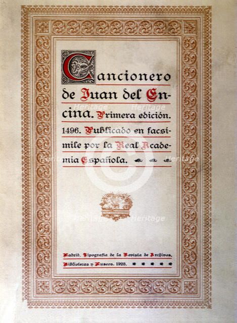 Cover 'Cancionero' (Song book) by Juan de la Encina, facsimile reproduction, 1928.