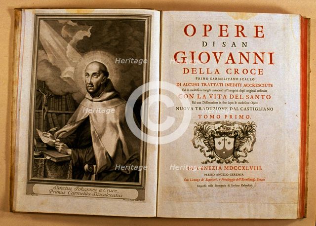 Cover and page with image of the author of the work 'Opere di San Giovanni della Croce', 1748. Creator: Unknown.