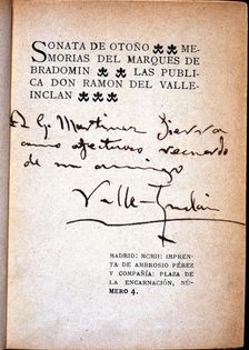 Cover Autumn Sonata - Memoirs of the Marquis of Brandomin by Valle Inclan with autograph inscr…