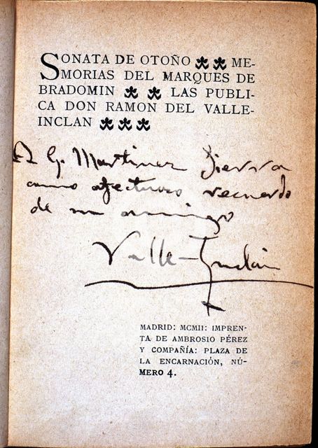Cover 'Autumn Sonata - Memoirs of the Marquis of Brandomin', by Valle Inclan with autograph inscr…