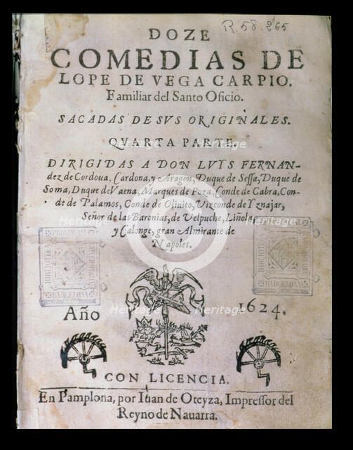Cover 'Doce comedias' (Twelve comedies) by Lope de Vega, published in 1624 in Pamplona.
