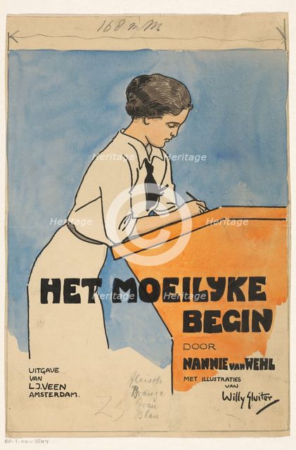Cover design for "The difficult beginning" by Nannie van Wehl, 1915 or earlier.  Creator: Willy Sluiter.