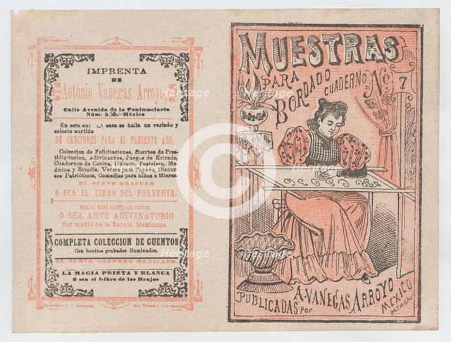 Cover for 'Muestras para Bordado', a woman embroidering, ca. 1890-1910., ca. 1890-1910. Creator: José Guadalupe Posada.