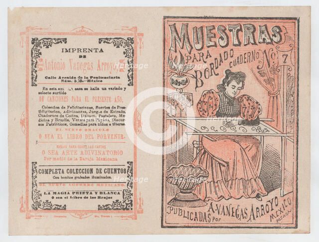 Cover for 'Muestras para Bordado', a woman embroidering, ca. 1890-1910., ca. 1890-1910. Creator: José Guadalupe Posada.