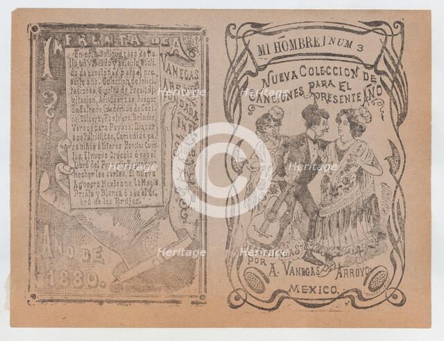 Cover for 'Nueva Coleccion de Canciones para el Presente Año', a man with a guita..., ca. 1880-1910. Creator: José Guadalupe Posada.