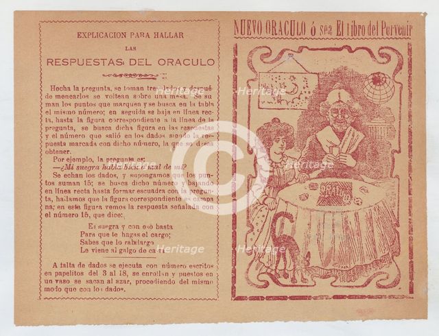Cover for 'Nuevo Oraculo ó sea El Libro del Porvenír', an old women seated at a t..., ca. 1880-1910. Creator: José Guadalupe Posada.