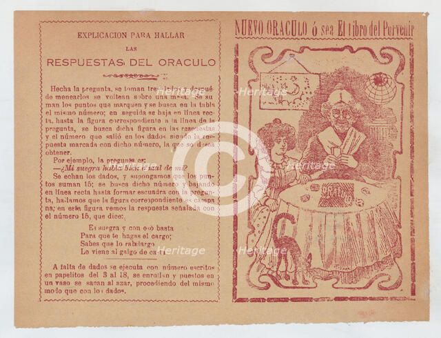 Cover for 'Nuevo Oraculo ó sea El Libro del Porvenír', an old women seated at a t..., ca. 1880-1910. Creator: José Guadalupe Posada.